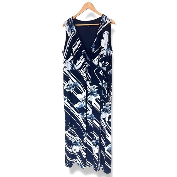 Navy Blue Floral Striped Sleeveless Maxi Dress Size 22W 3X Plus Size Summer - Picture 6 of 8
